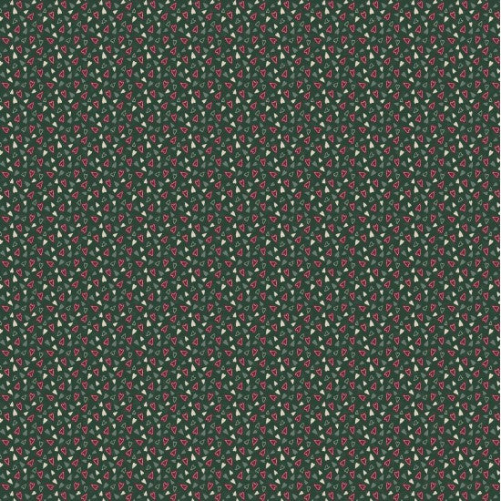 Hollyberry Christmas 81070-3 - green cotton fabric with red and yellow hearts