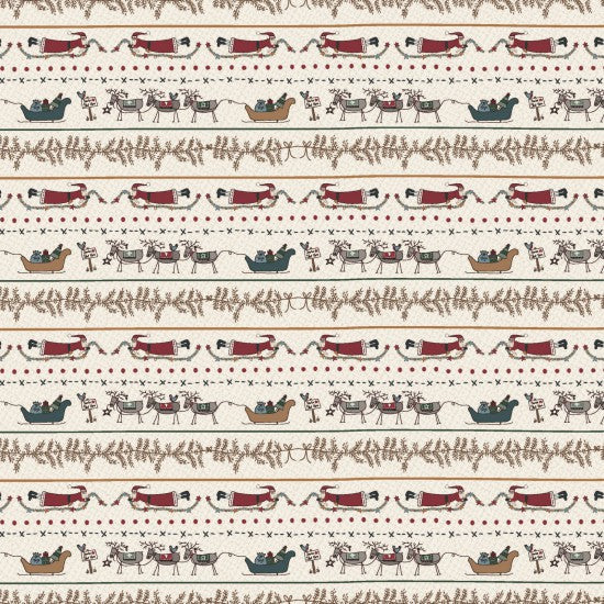 Hollyberry Christmas 81070-8 - White Cotton Striped Border Print with rows of flying Santas and three reindeer pulling a sleigh