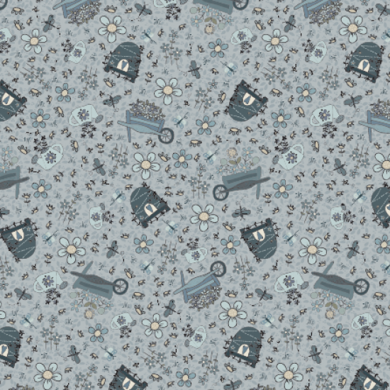 Something Borrowed, Something Blue - 811101 - light blue cotton scatter print with wheelbarrows, watering cans, bee skeps, butterflies and flowers