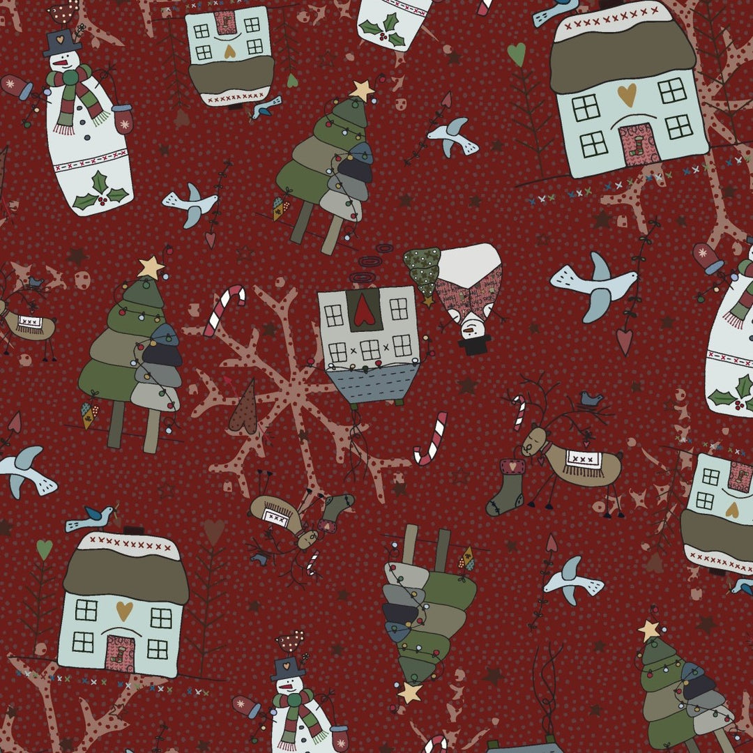 Christmas Traditions 81690-1 - cranberry cotton with Christmas motifs including trees, snowmen, houses, reindeer, and birds