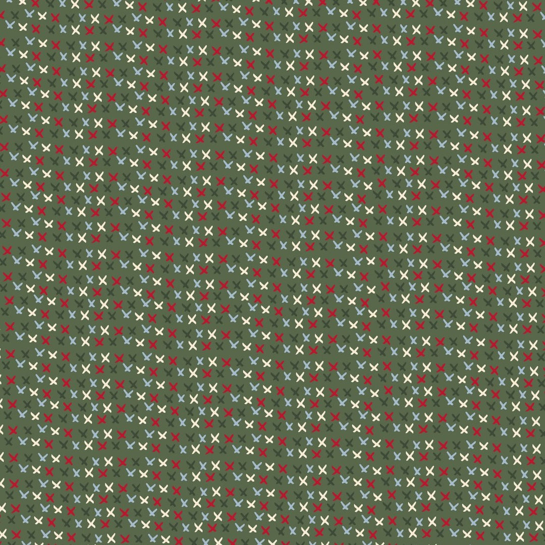 Christmas Traditions 81690-11 - green cotton with small red, navy, light blue, and white x's