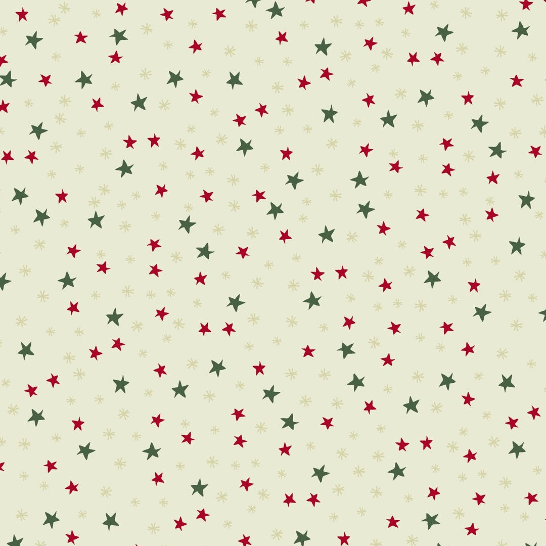 Christmas Traditions 81690-12 - ecru cotton with green and red stars and tan asterisks
