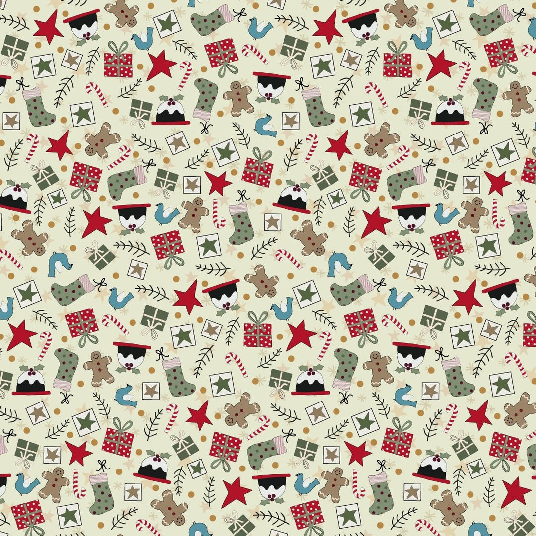 Christmas Traditions 81690-3 - white cotton with small Christmas art: gifts, gingerbread men, stockings, plum pudding