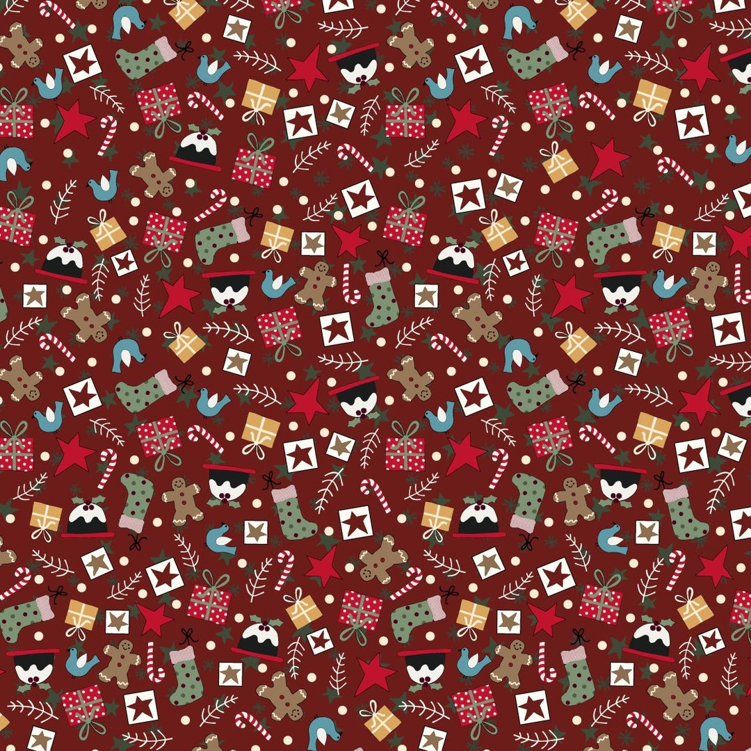 Christmas Traditions 81690-4 - cranberry cotton with small Christmas art: gifts, gingerbread men, stockings, plum pudding