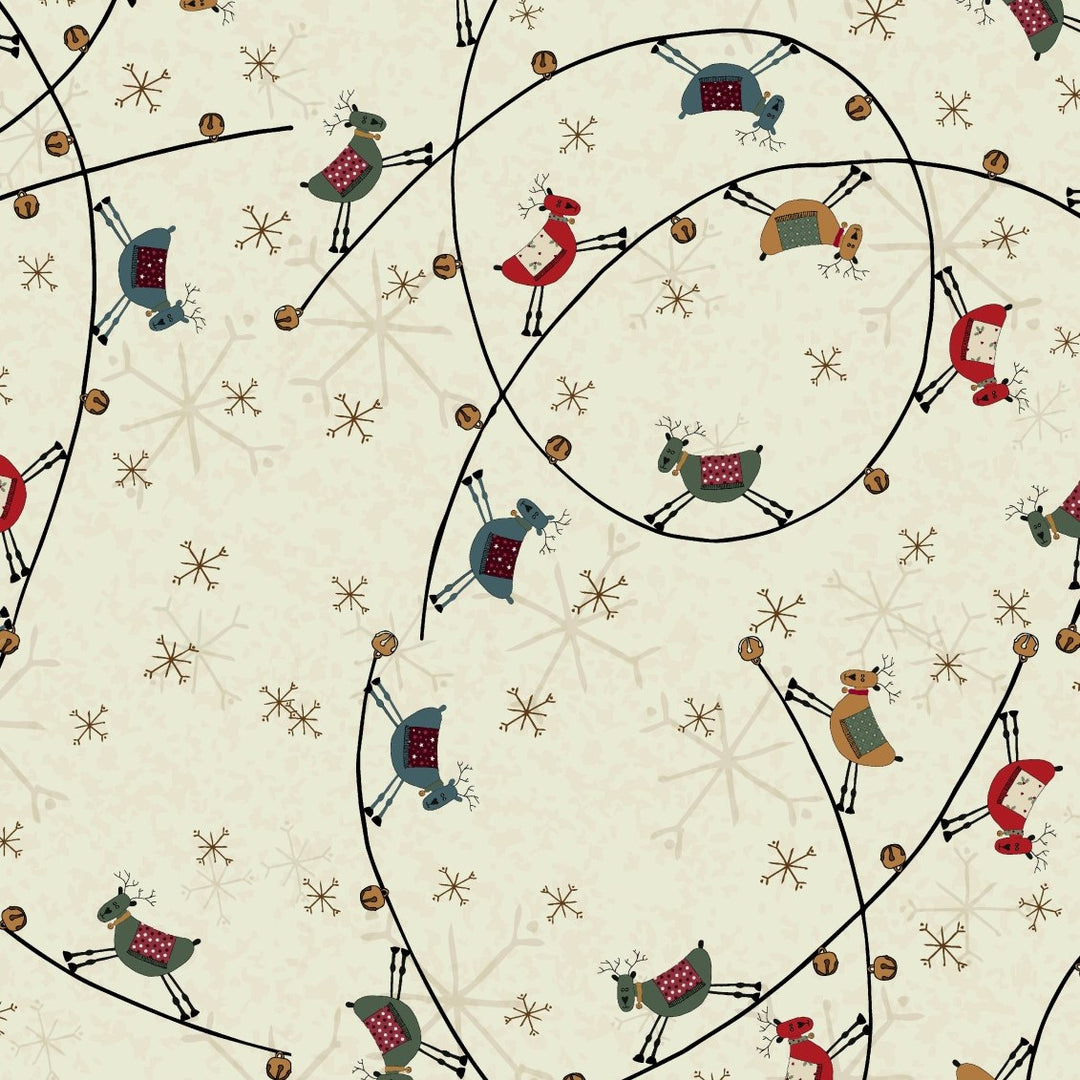 Christmas Traditions 81690-5 - ecru cotton with small red, blue, green and gold reindeer