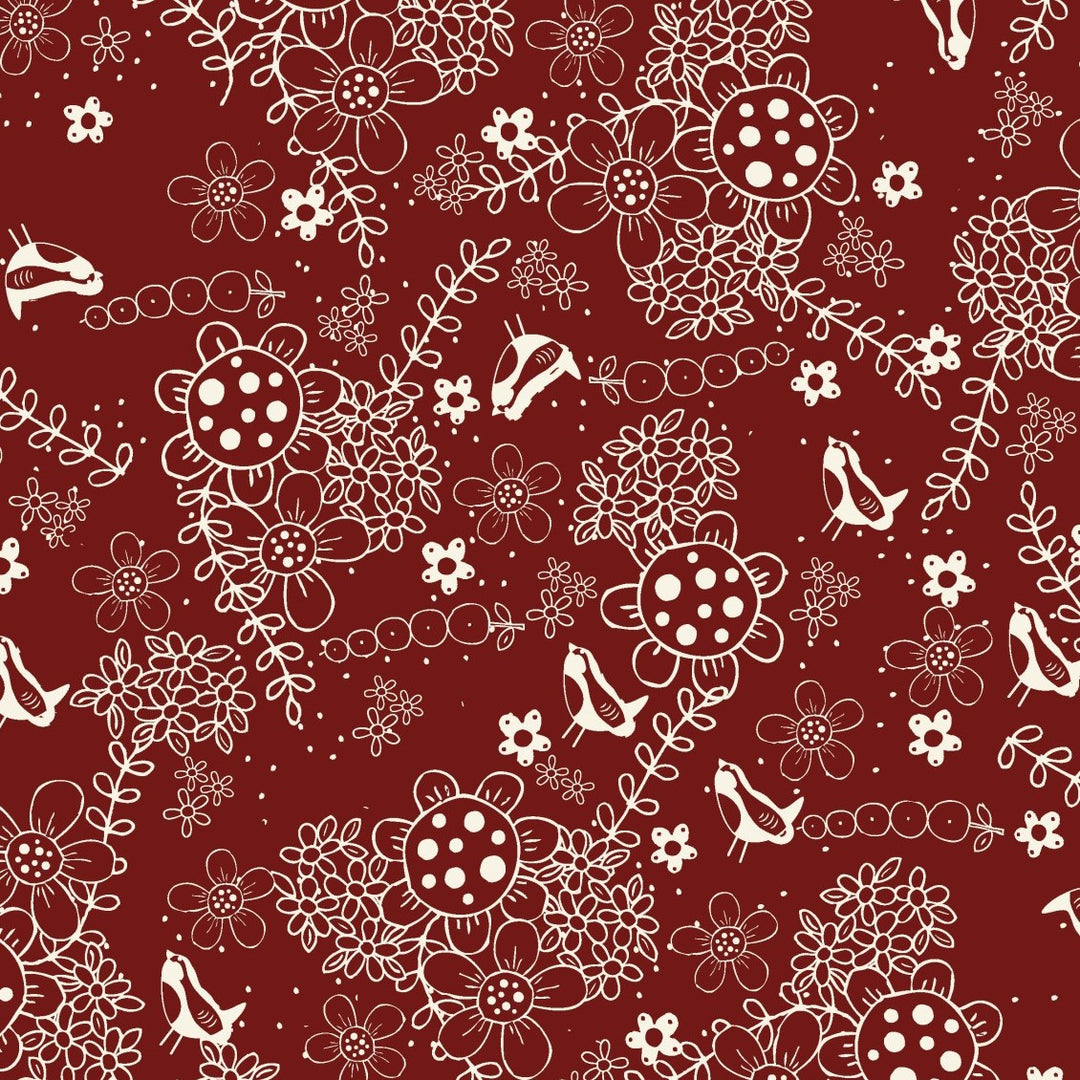 Red Velvet 81700-1 - red cotton with white sketches of flowers and birds