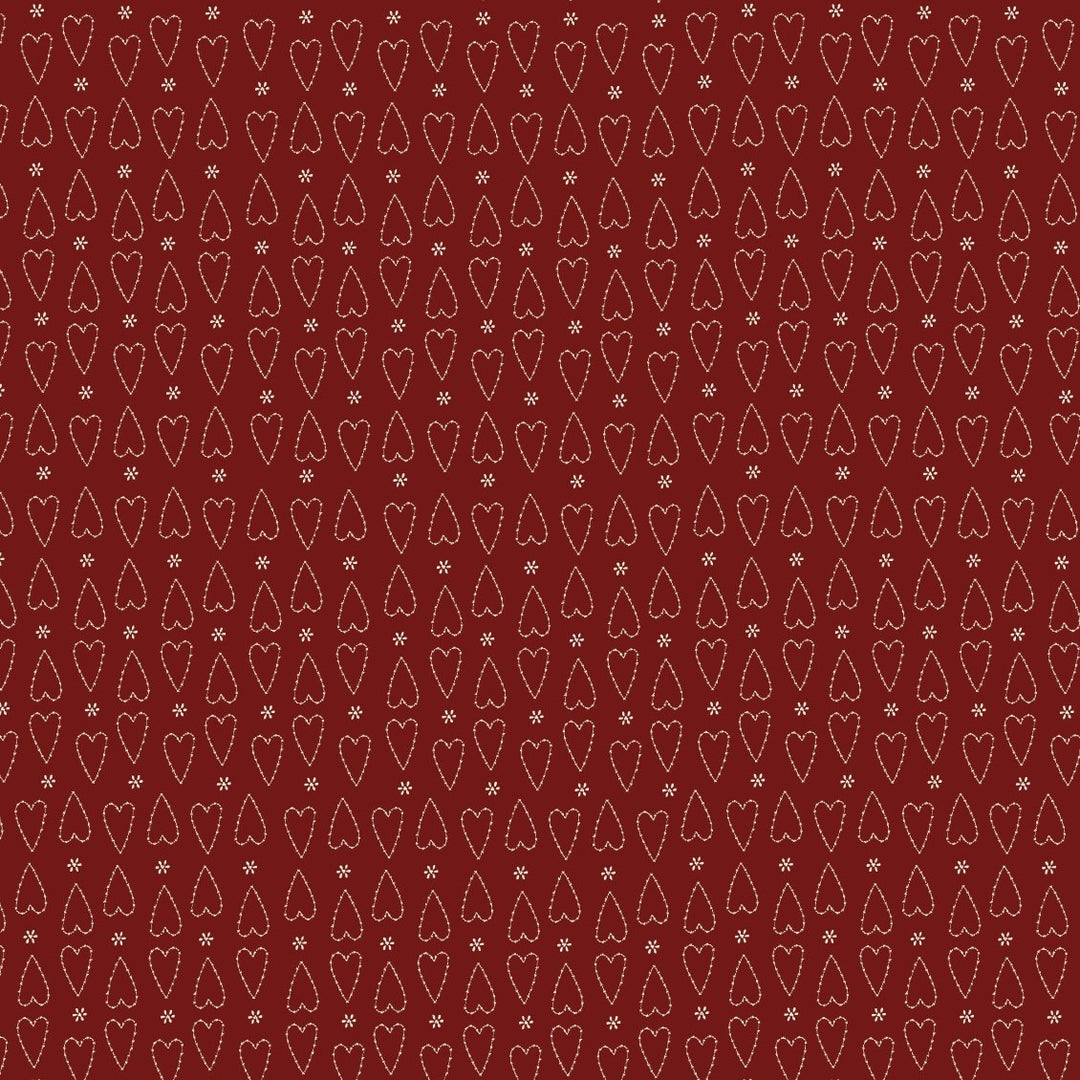 Red Velvet 81700-3 - red cotton with white stitched hearts and tiny white daisies