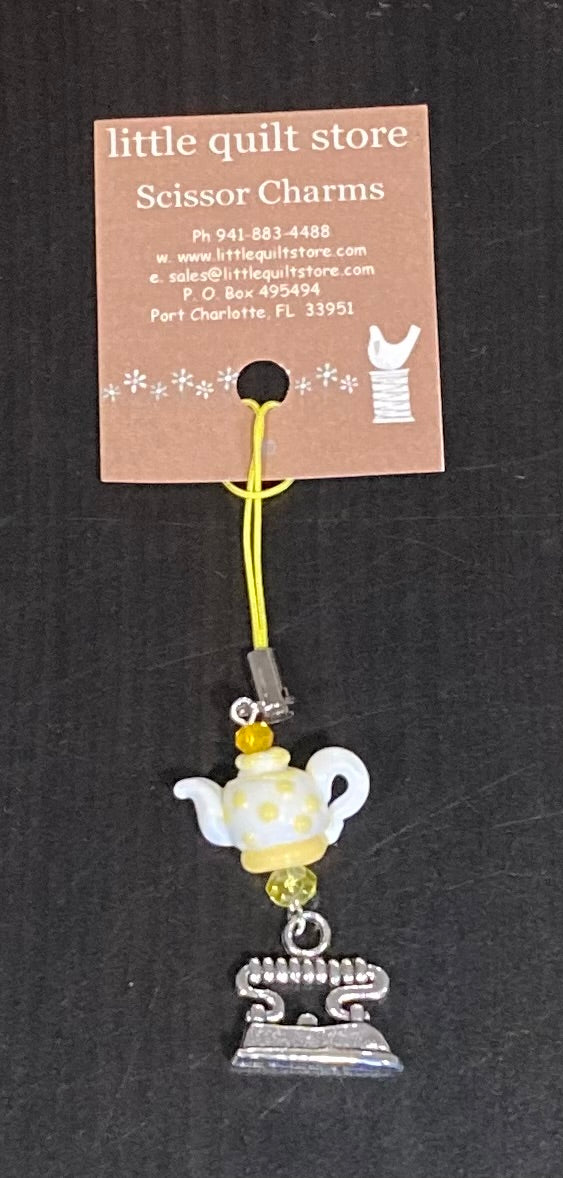 Scissor Charm - Yellow polka dot teapot with silver iron charm