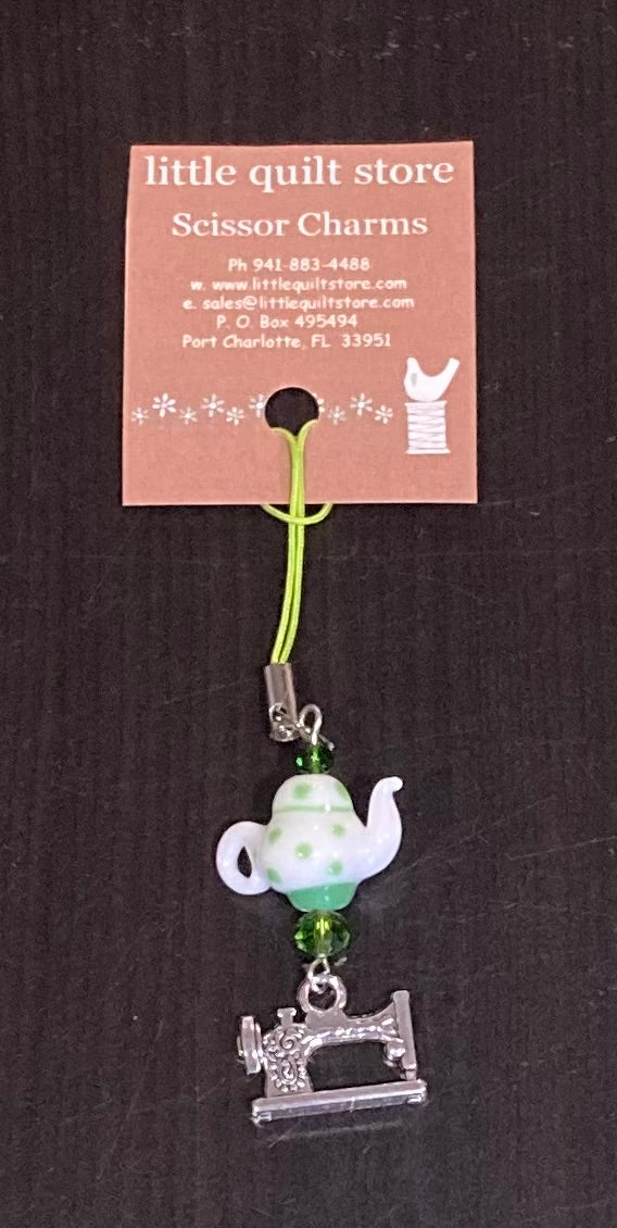 Scissor Charm - Green polka dot teapot with silver sewing machine charm