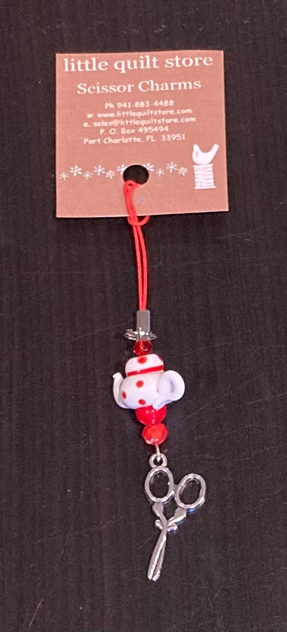 Scissor Charm - Red polka dot teapot with silver scissors charm