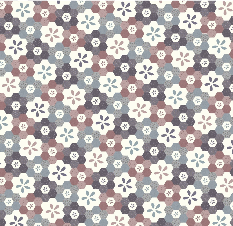 Hexagon flowers in mauve, blue, and lavender