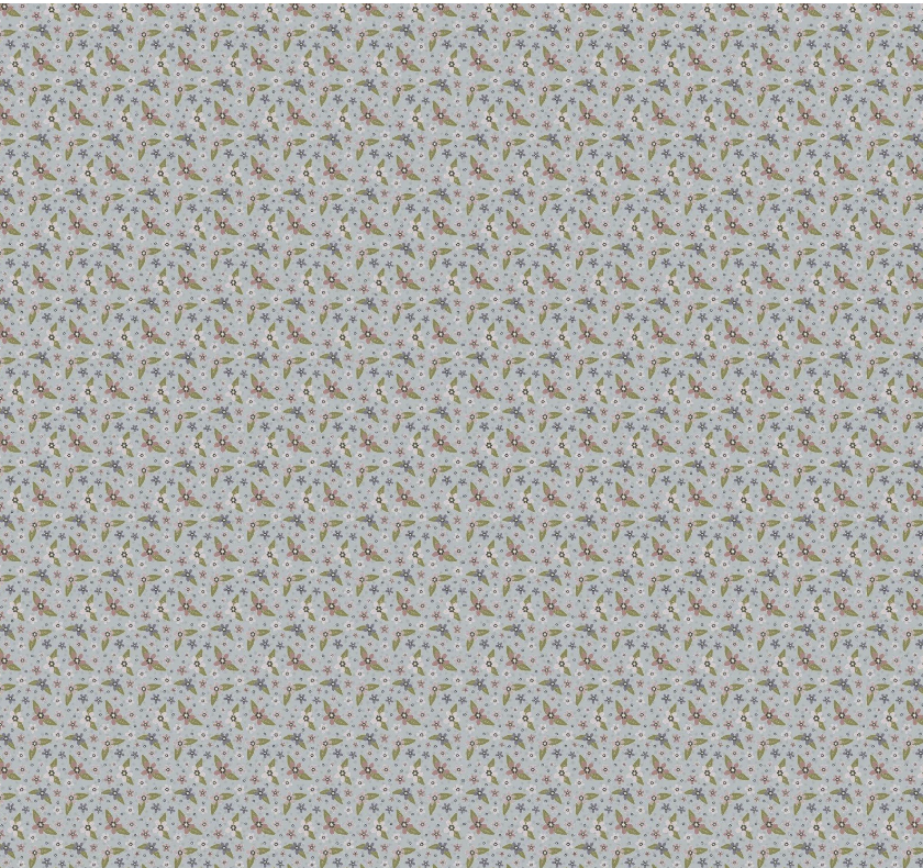 Patterned fabric with small floral and geometric shapes on a light blue background