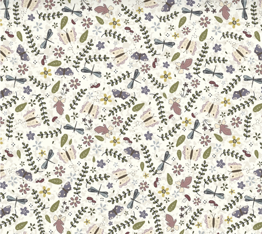 Pattern of small plants, flowers, and insects on a white background