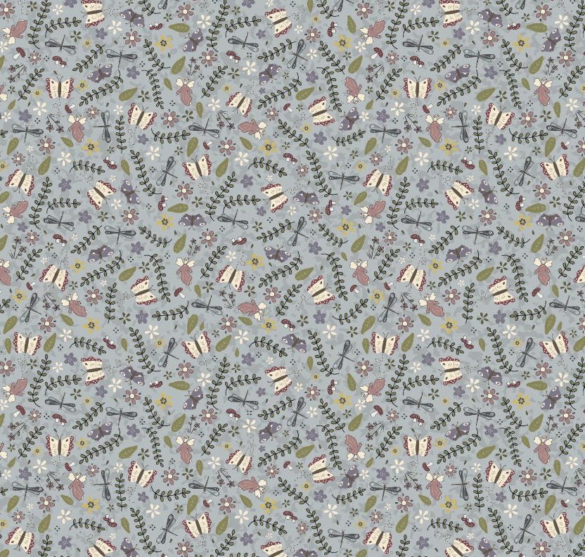 Patterned fabric with butterflies, flowers, and leaves on a light blue background