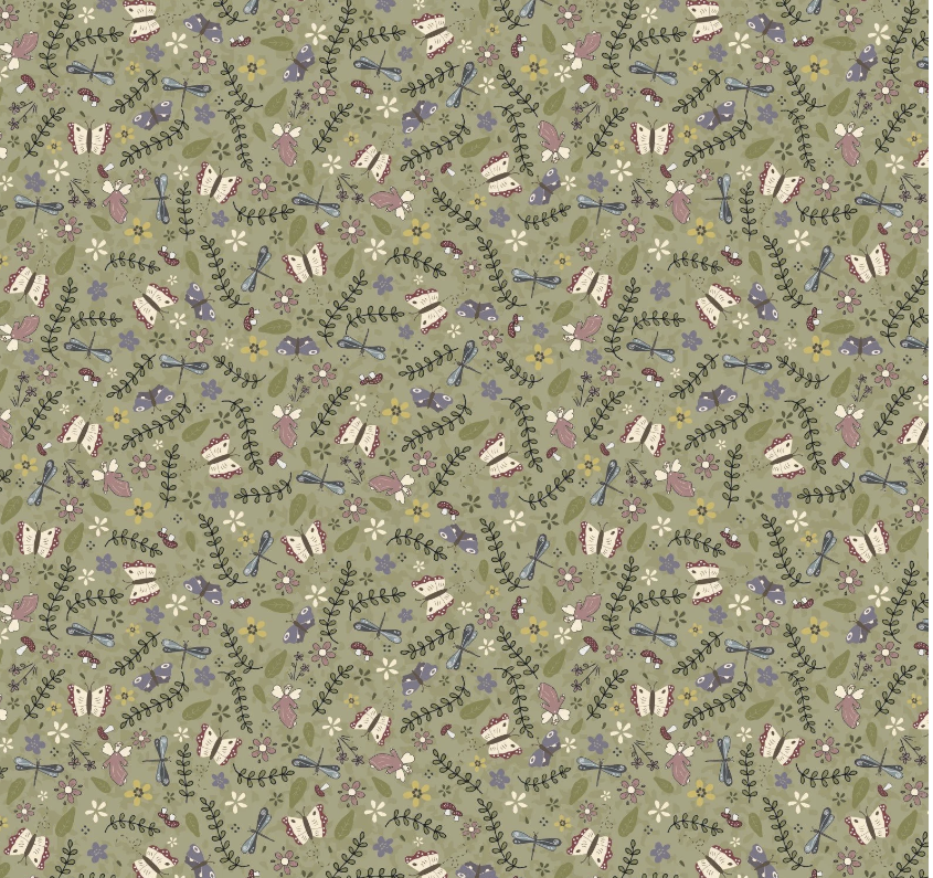 Patterned fabric with small designs on a green background