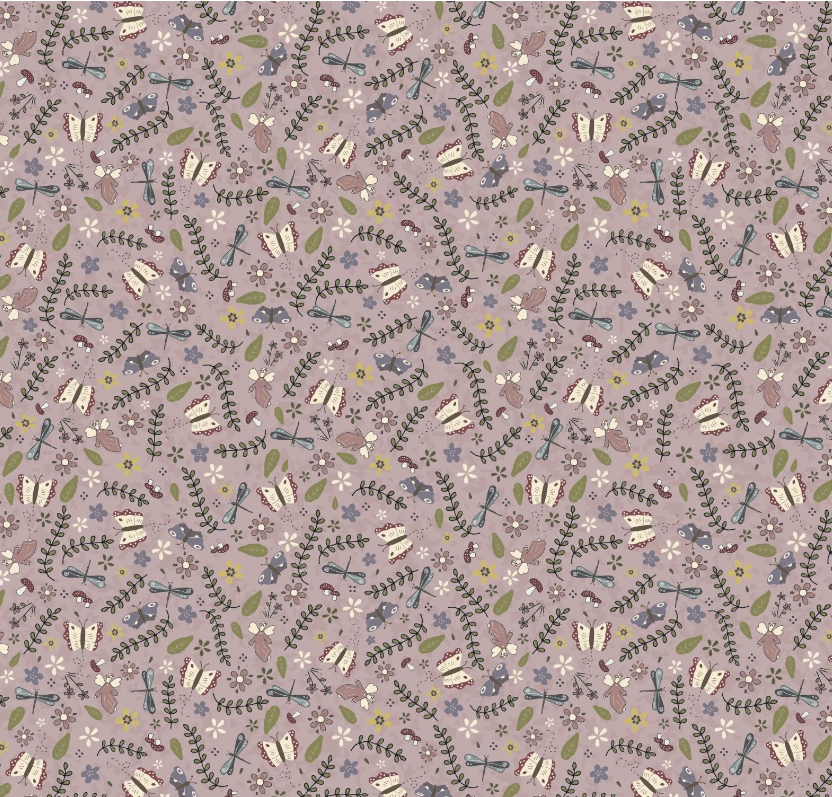 Patterned fabric with small floral and leaf designs on a pink background