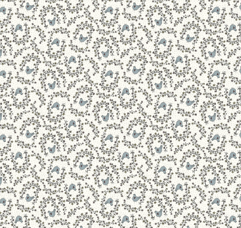Pattern of small blue birds and flowers on a white background