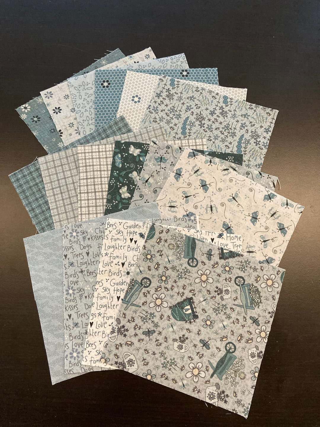 16 x 5" x 5" squares from Lynette's 'Something Borrowed, Something Blue' fabric collection.