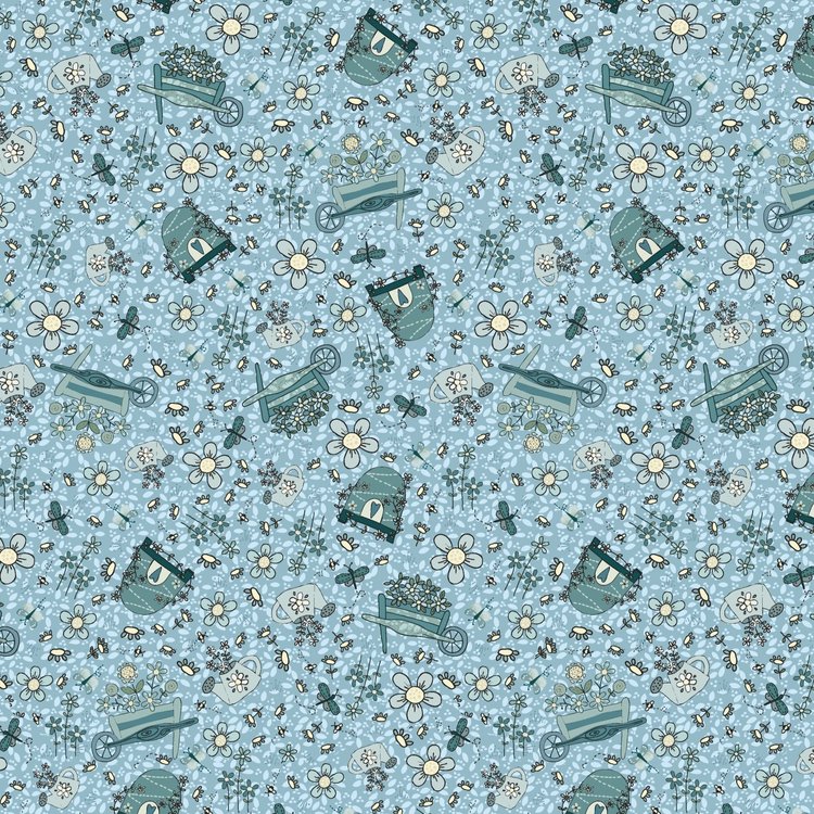Something Borrowed, Something Blue 2 Fabric - cotton light blue fabric with bee skeps, watering cans and wheelbarrows
