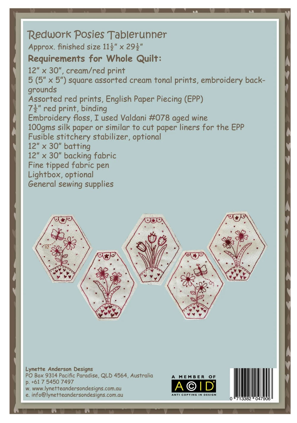 Redwork Posies Tablerunner by Lynette Anderson Pattern Back