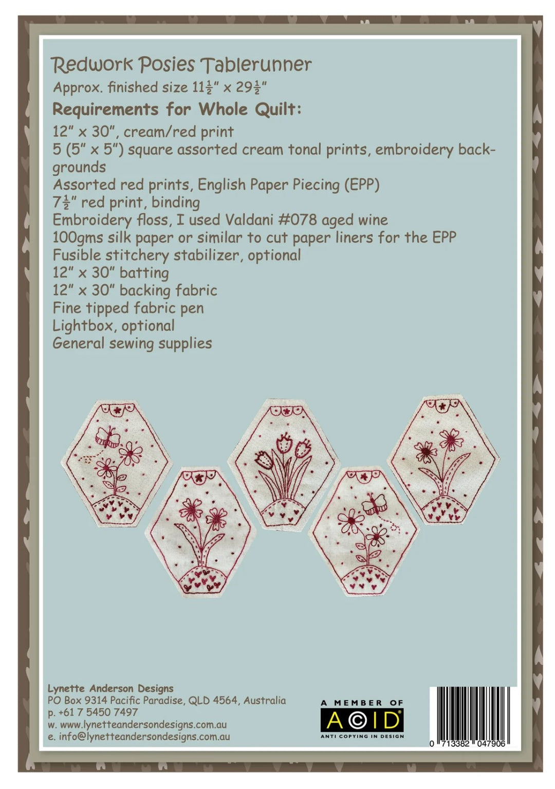Redwork Posies Tablerunner by Lynette Anderson Pattern Back