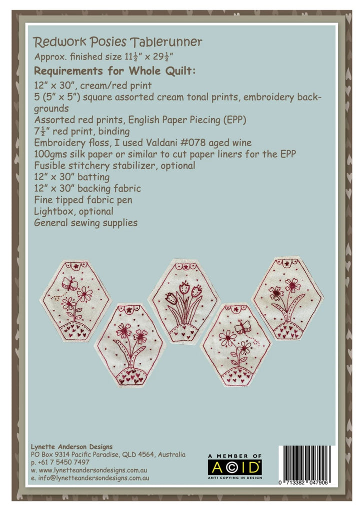Redwork Posies Tablerunner by Lynette Anderson Pattern Back