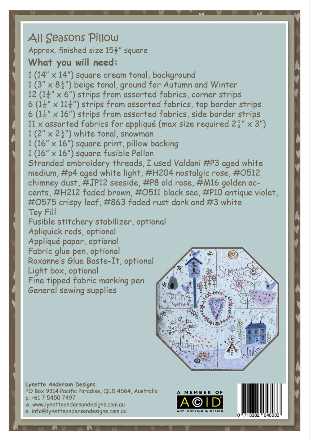 All Seasons Pillow by Lynette Anderson Pattern Back