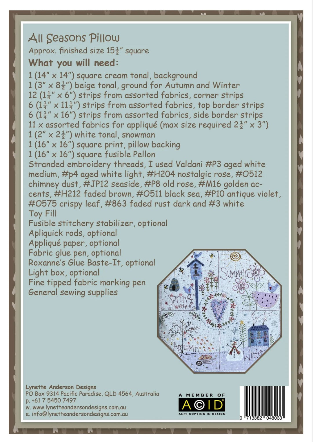All Seasons Pillow by Lynette Anderson Pattern Back