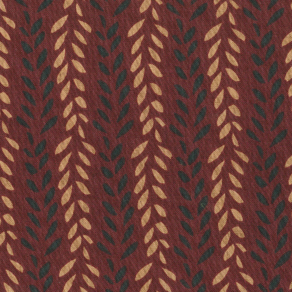 Highland 2541-01 - (1/2 Yard) Remnant - red cotton fabric with gold and dark green leaves in striped formation
