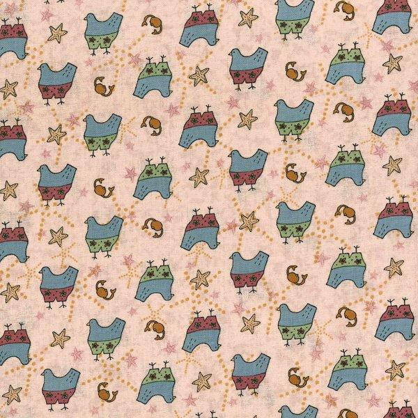 Summer Holiday - 3202-01 - Peach cotton with blue birds in red or green shorts and small crabs and starfish