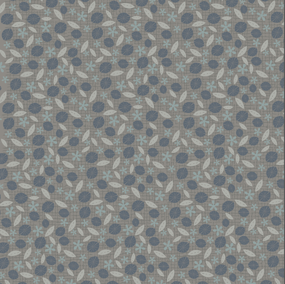 Peacock Manor 3325-003 - gray cotton fabric with blue flowers and white leaves