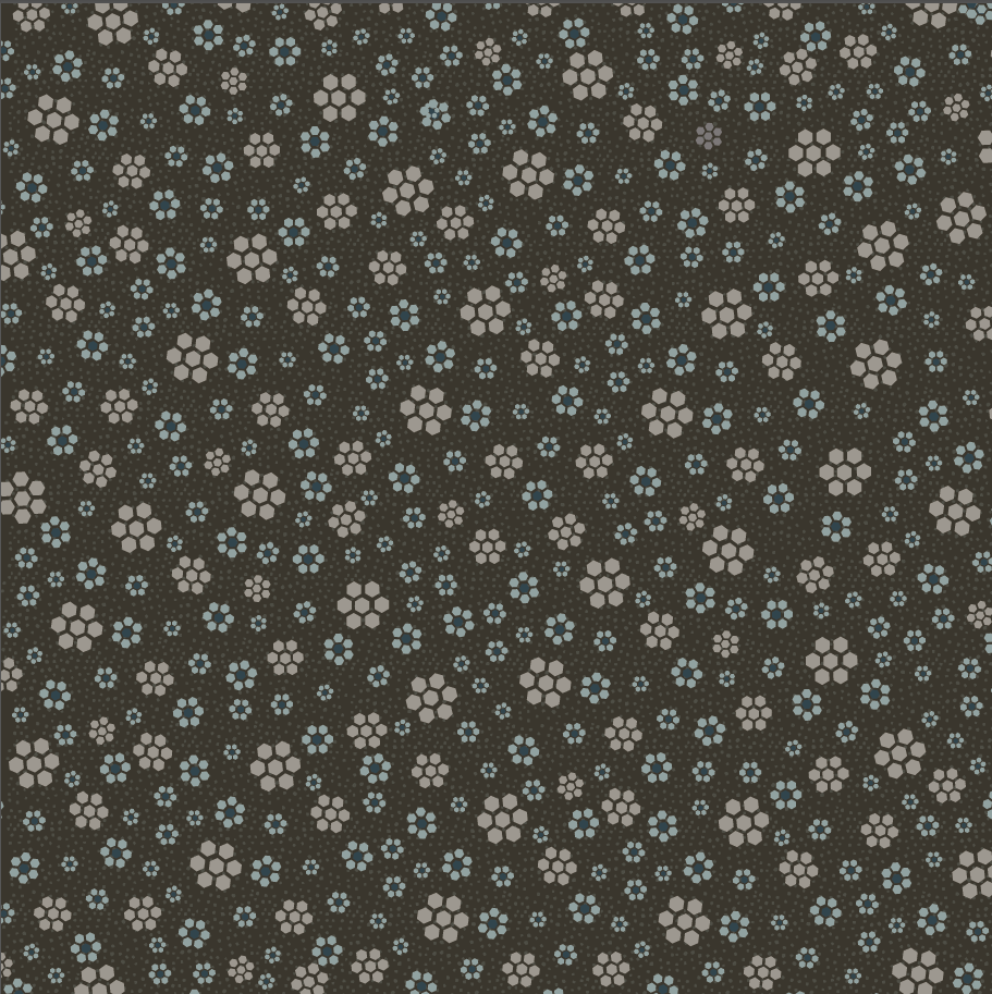 Peacock Manor 3326-001 - brown cotton fabric with blue and ecru hexagon flowers