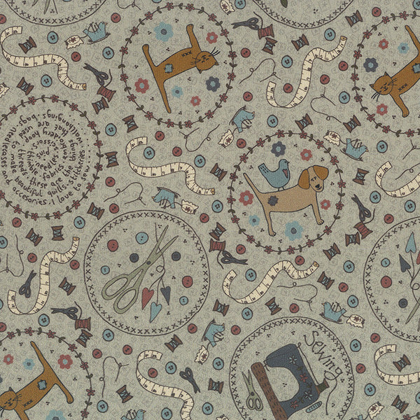 One Stitch at a Time 35071-60 - blue cotton fabric with sewing themed artwork
