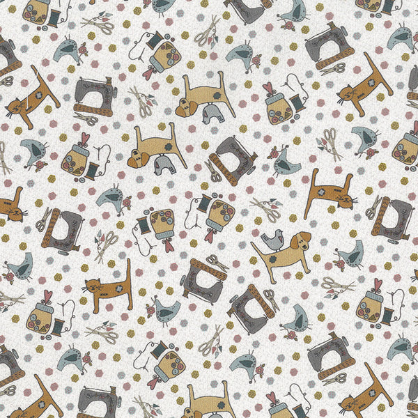 One Stitch at a Time 35072-10 - white cotton fabric with sewing machines, dog with bird, scissors, thread and button jar