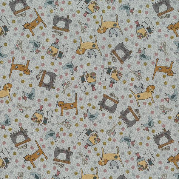 One Stitch at a Time 35072-70 - gray blue cotton fabric with small sewing motifs