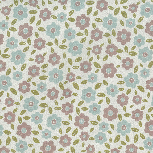 One Stitch at a Time 35073-10 - white cotton fabric with mauve and blue hexagon flowers and green leaves