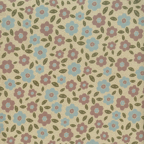 One Stitch at a Time 35073-11 - tan cotton fabric with mauve and blue hexagon flowers and green leaves