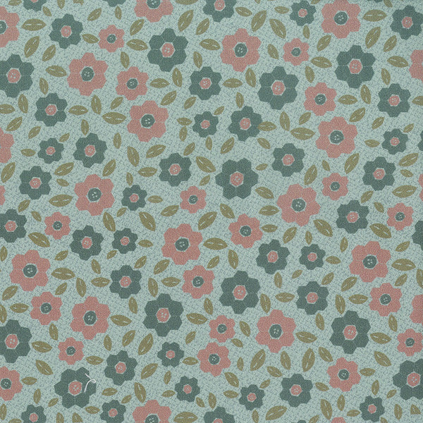 One Stitch at a Time 35073-70 - light blue cotton fabric with mauve and dark blue hexagon flowers and green leaves