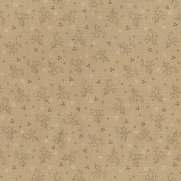 One Stitch at a Time 35075-11 - tan cotton fabric with pink floral springs, brown trio dots, and tiny white circles