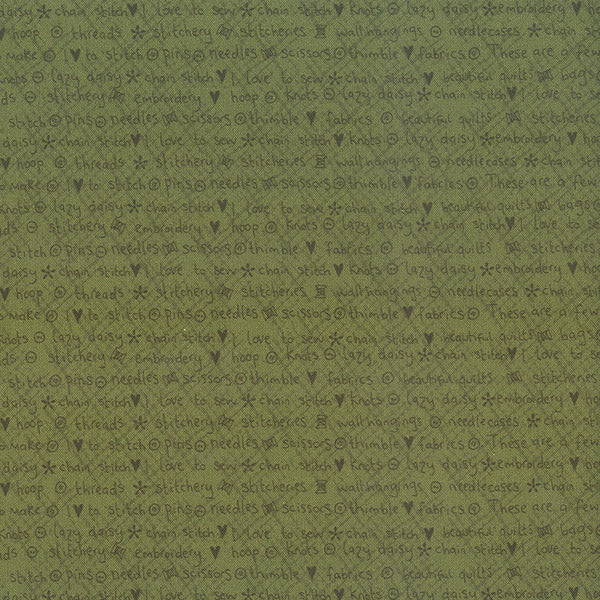 One Stitch at a Time 35076-00 - green cotton fabric with sewing-themed green words and hearts