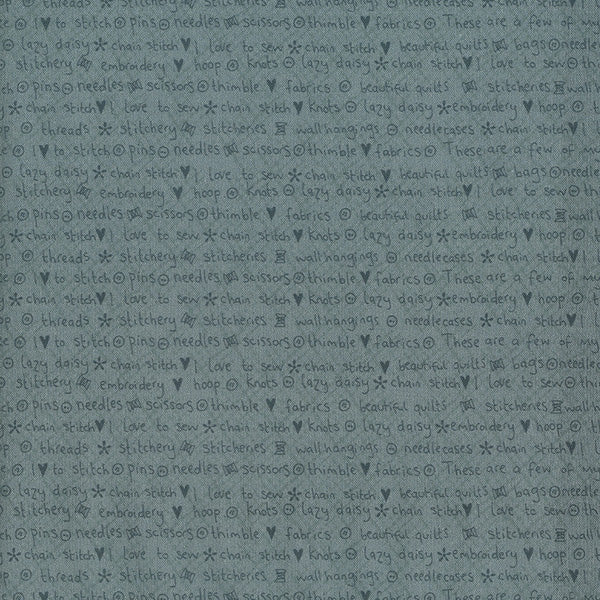 One Stitch at a Time 35076-70 - blue cotton fabric with sewing-themed blue words and hearts