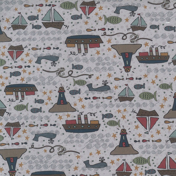 Ship to Shore 706901-110 Boats - boats, fish, lighthouses and whales on pink background