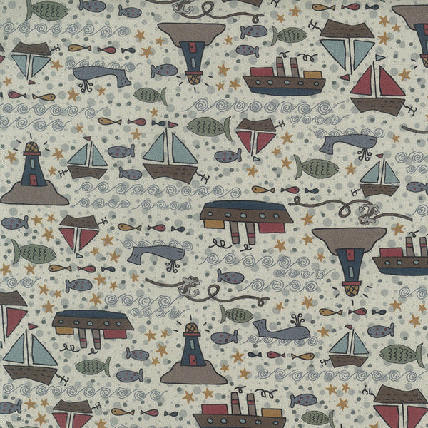 Ship to Shore 706901-11 Boats - yellow cotton with boats, fish, lighthouses and whales