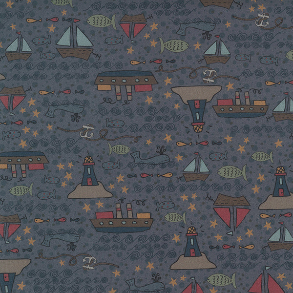 Ship to Shore 706901-71 Boats - boats, fish, lighthouses and whales on dark blue background