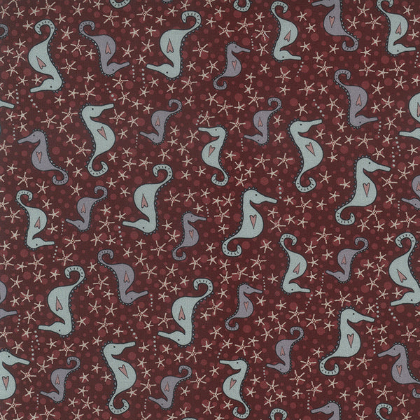 Ship to Shore 706902-30 Seahorses - red cotton with white and lavender sea horses and white starfish
