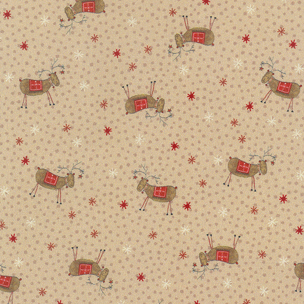 Scandinavian Christmas II - 706909-11 Reindeer - tan cotton fabric with brown reindeer and red and white asterisks scattered over