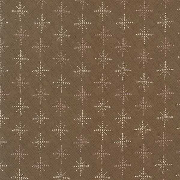 Scandinavian Christmas II - 706912-80 Snowflake - 7/8 yd remnant - brown cotton fabric with medium sized white and pink snowflakes