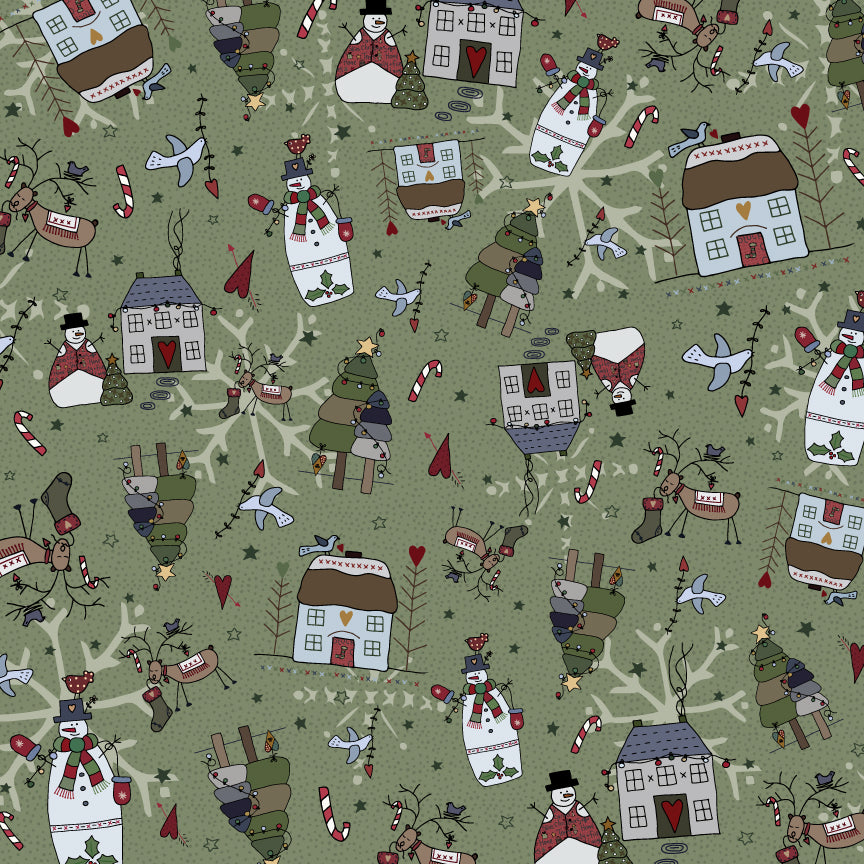 Winter themed fabric with a pattern that includes snowmen, Christmas trees, and holiday-related designs on a green background.