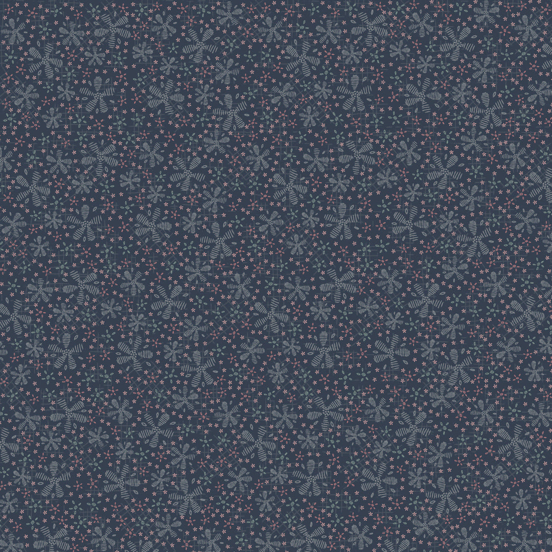 Corner of the Woods 80710-12 - Flower Path - dark blue cotton fabric with white and pink  flowers scattered over