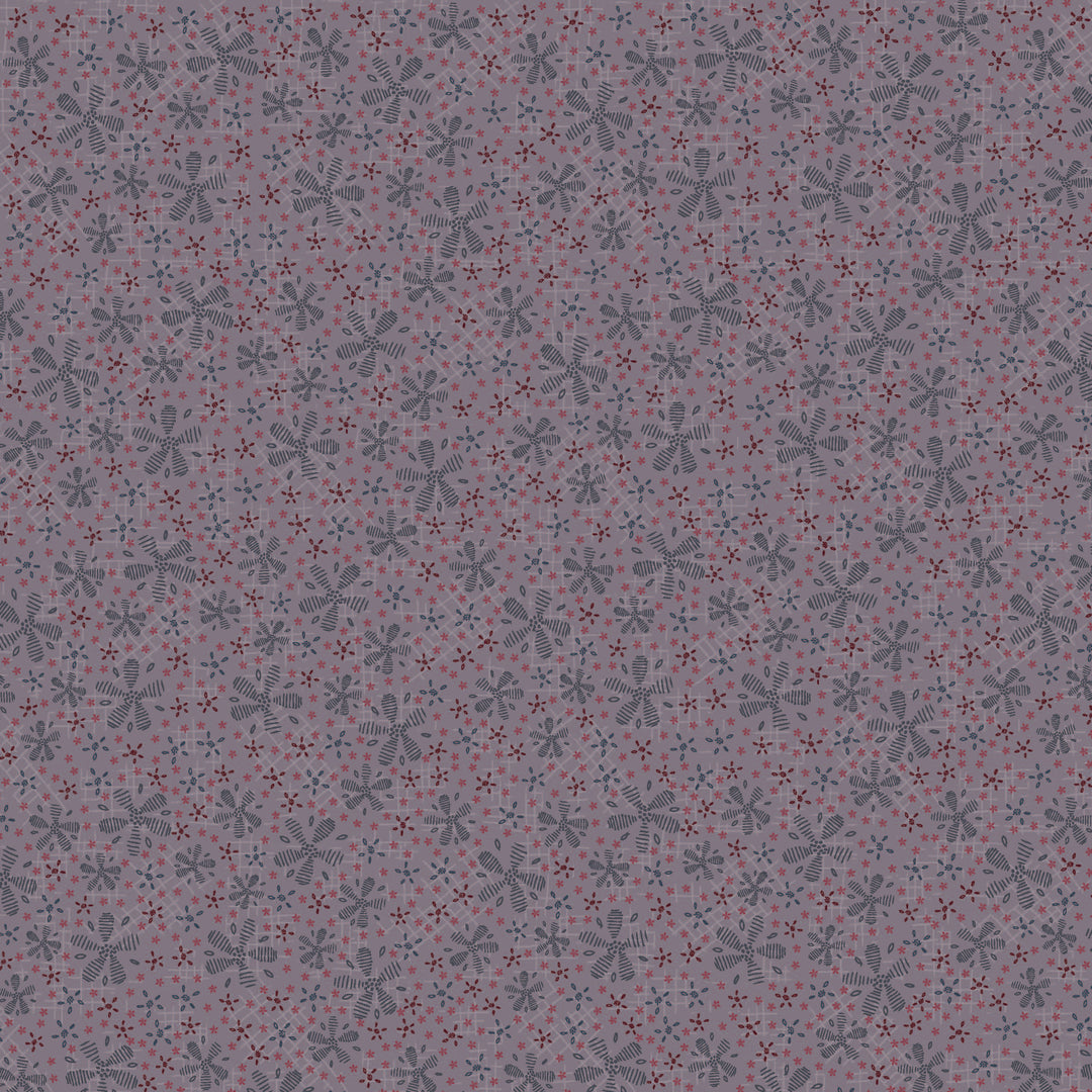 Corner of the Woods 80710-13 - Flower Path - lavender cotton fabric with blue and pink  flowers scattered over